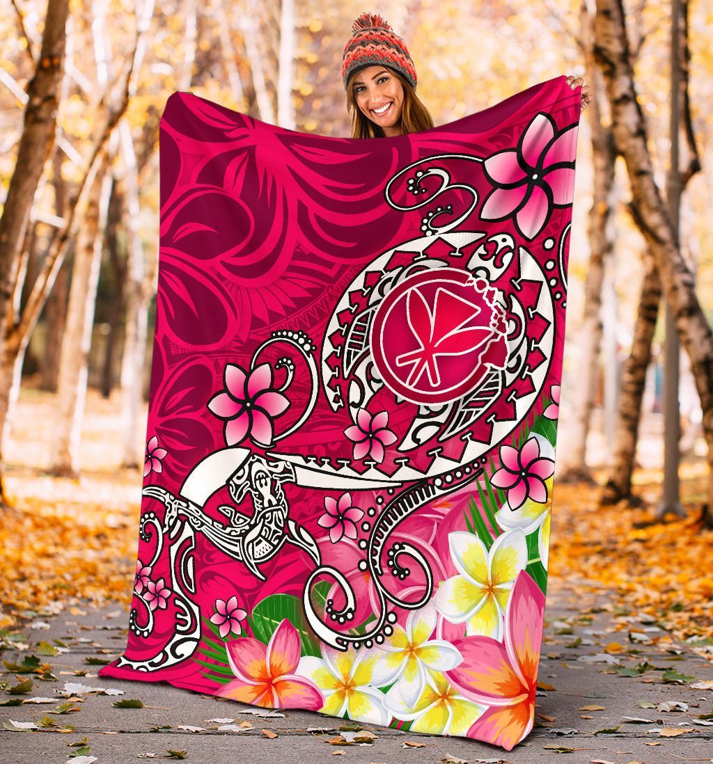 Hawaii Premium Blanket - Turtle Plumeria Polynesian Tattoo Pink Color