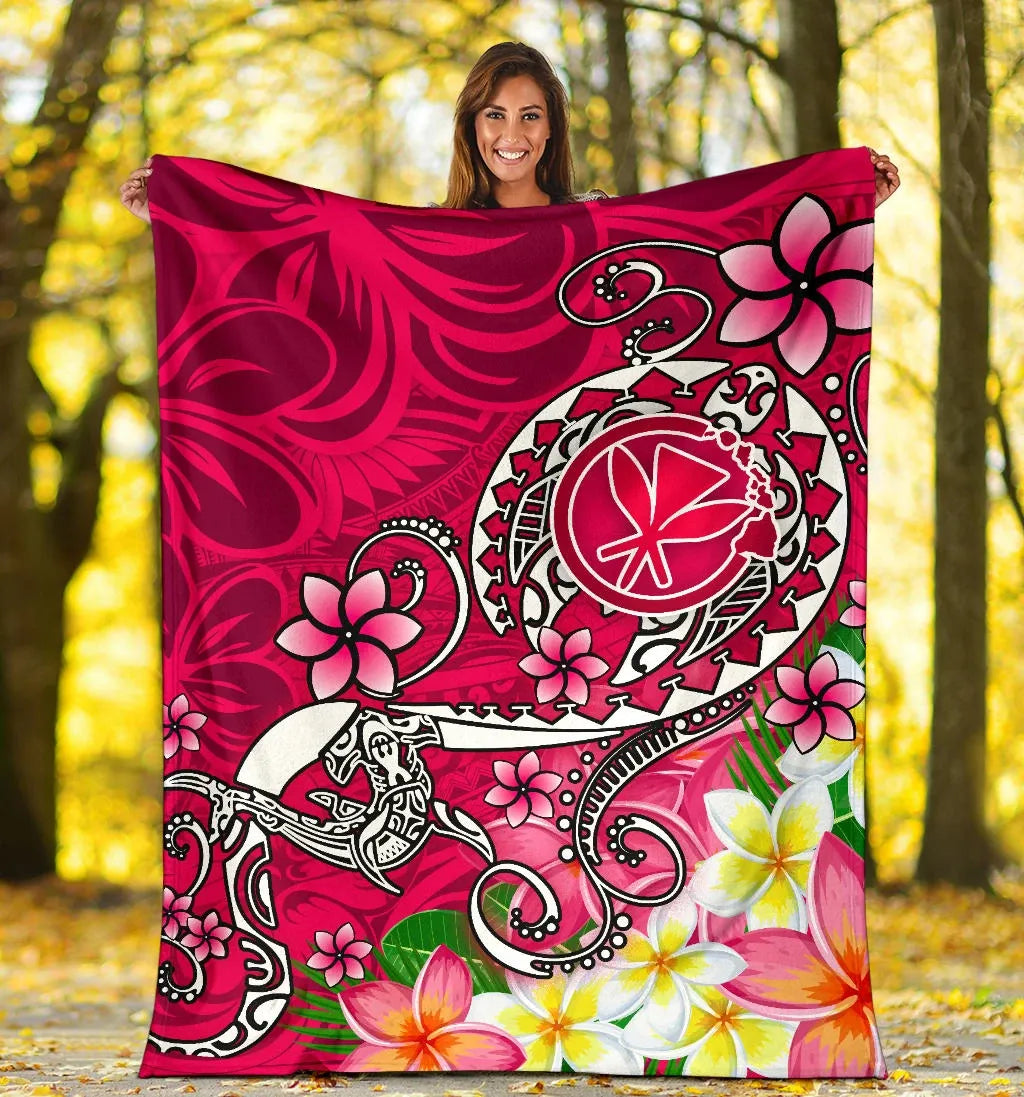 Hawaii Premium Blanket - Turtle Plumeria Polynesian Tattoo Pink Color