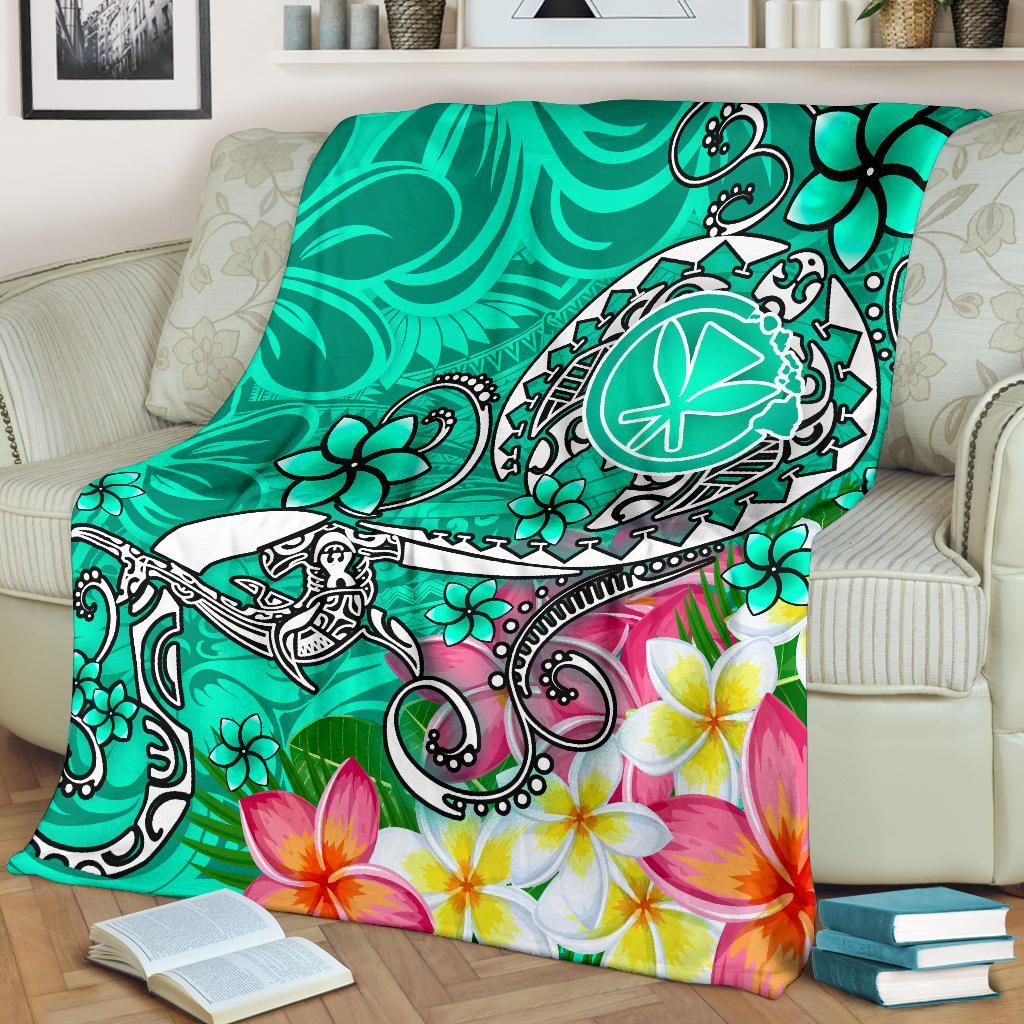 Hawaii Premium Blanket- Turtle Plumeria Polynesian Tattoo Turquoise Color