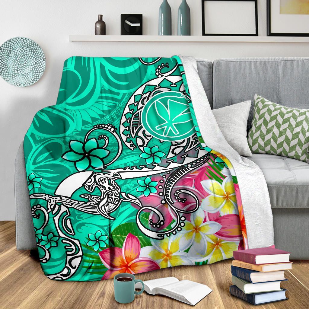 Hawaii Premium Blanket- Turtle Plumeria Polynesian Tattoo Turquoise Color