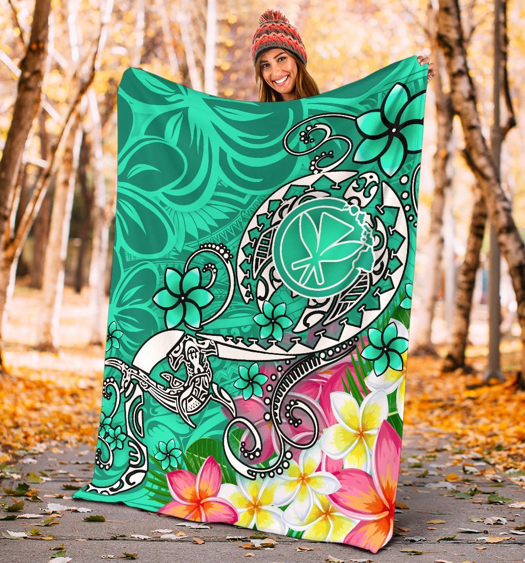 Hawaii Premium Blanket- Turtle Plumeria Polynesian Tattoo Turquoise Color