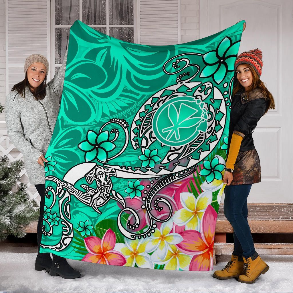 Hawaii Premium Blanket- Turtle Plumeria Polynesian Tattoo Turquoise Color