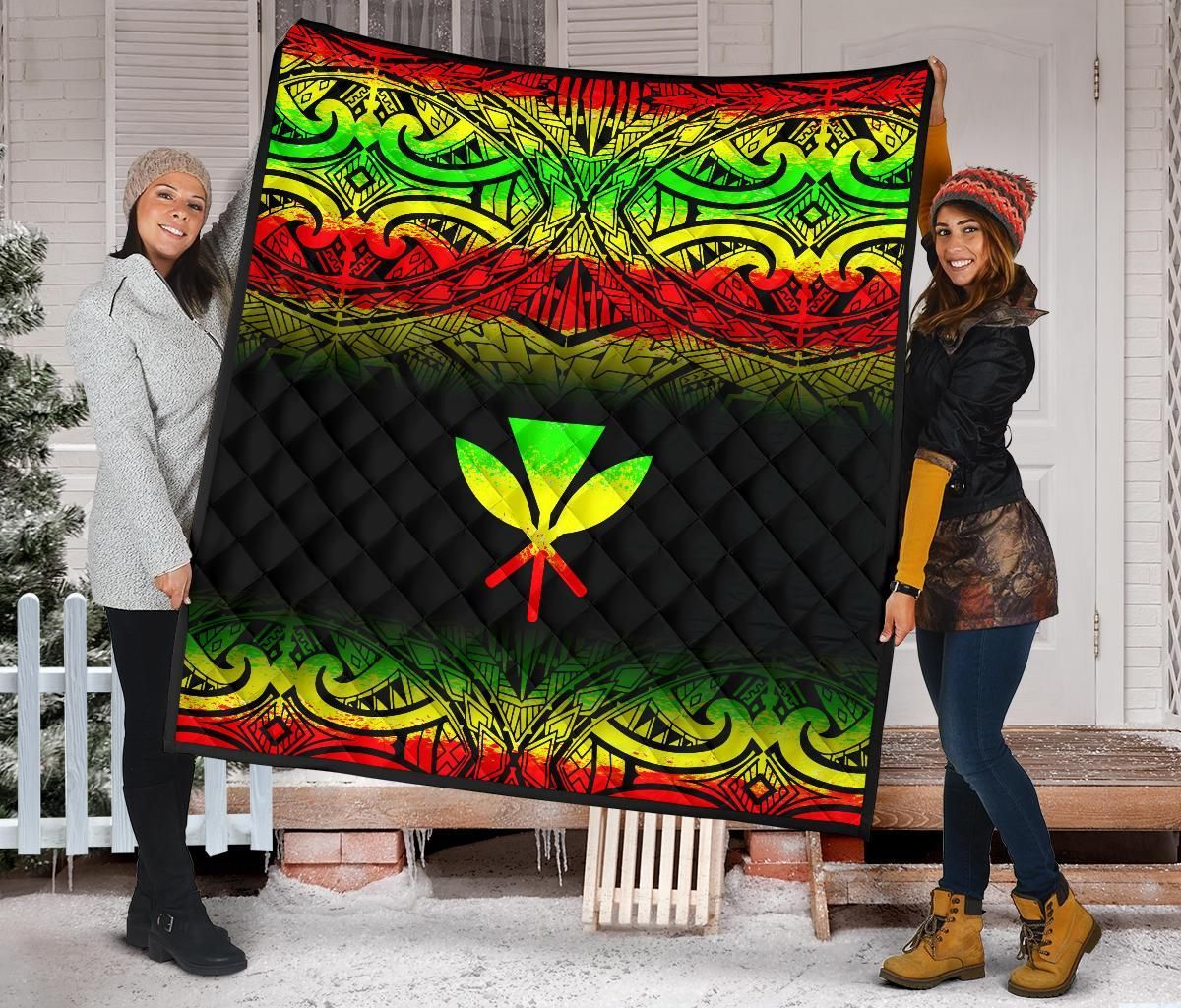 Hawaii Premium Quilt - Reggae Kanaka Maoli Polynesian Tattoo & Black Frog