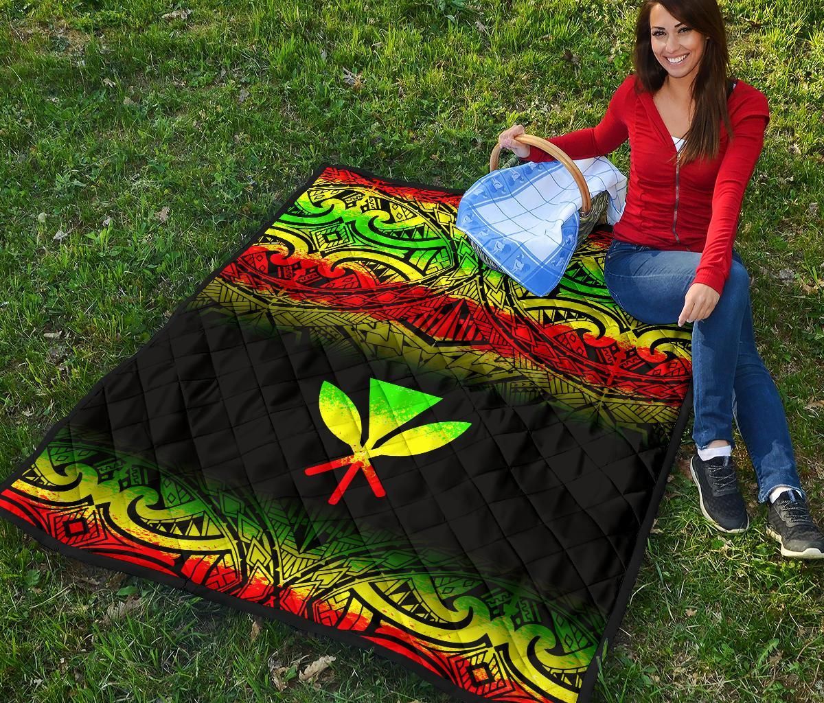 Hawaii Premium Quilt - Reggae Kanaka Maoli Polynesian Tattoo & Black Frog