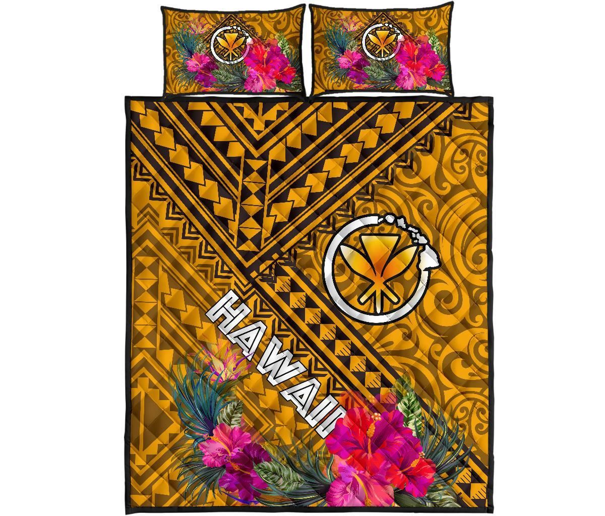 Hawaii Quilt Bed Set - Kanaka Maoli With Hibiscus On Polynesian Patterns (Yellow)