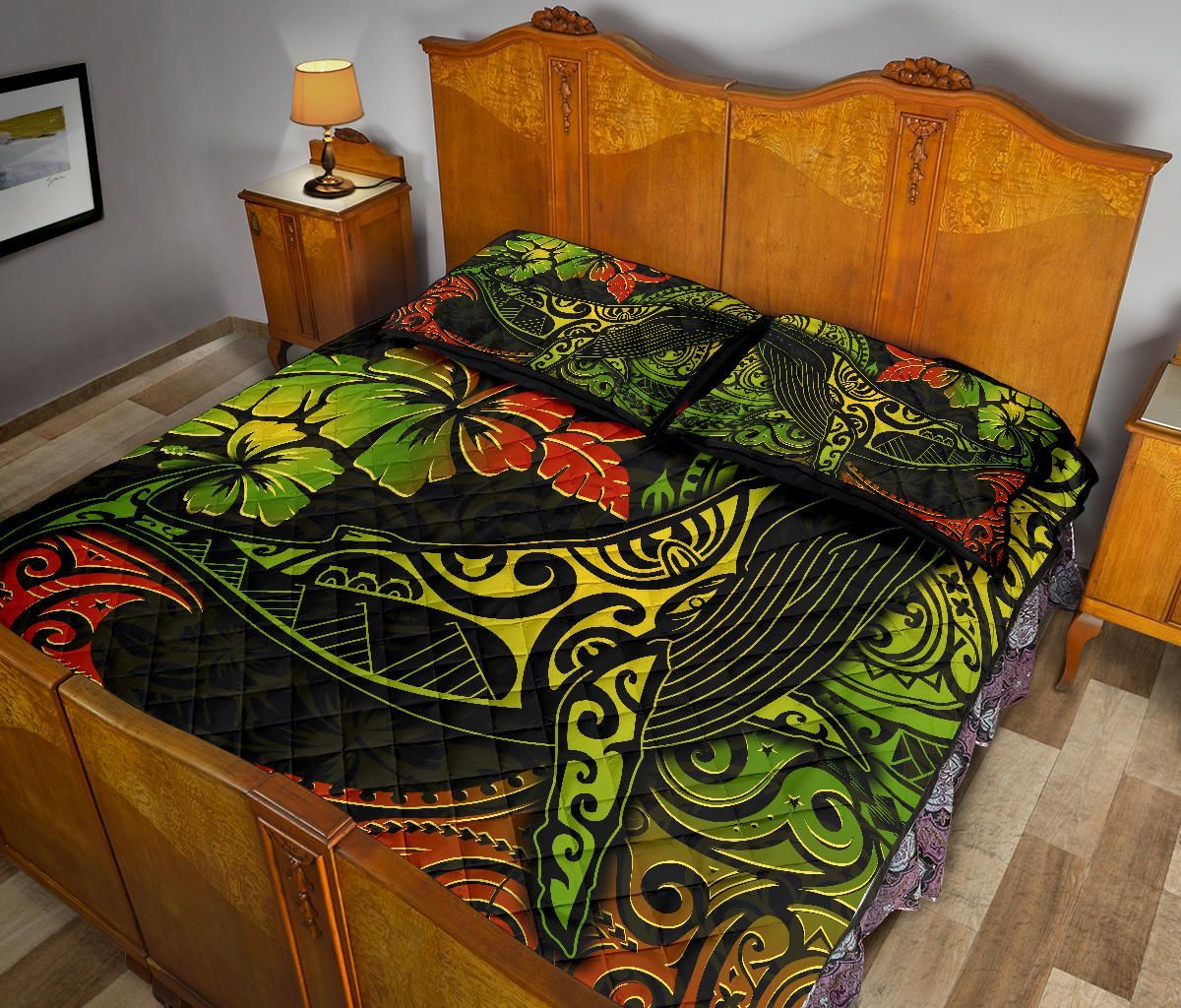 Hawaii Polynesian Quilt Bed Set - Hibiscus Humpback Whale