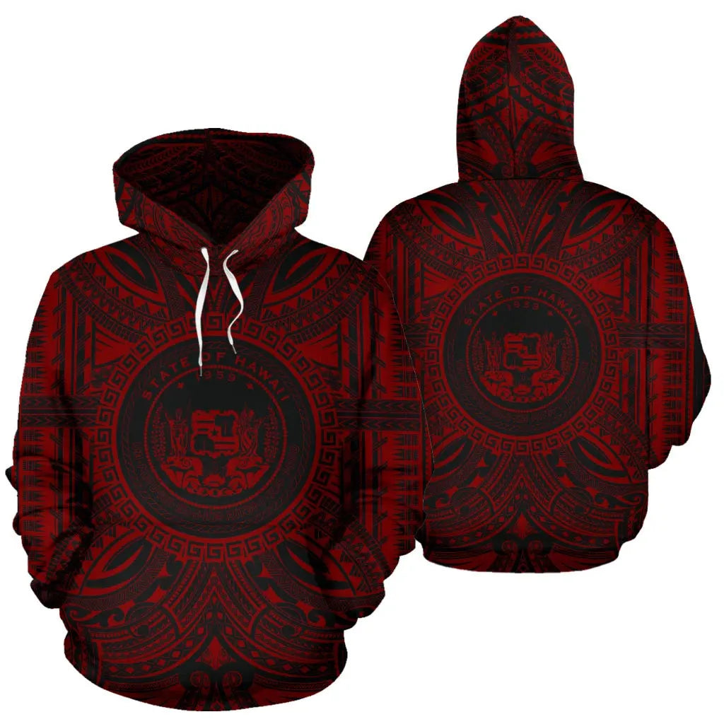 Hawaii All Over Hoodie - Hawaii Coat Of rms Polynesian Red Black
