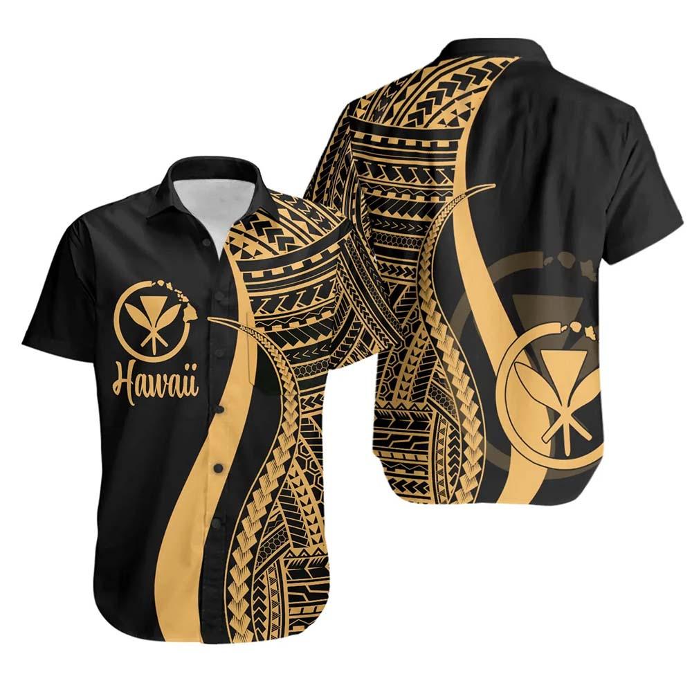 Hawaii Short Sleeve Shirt - Gold Polynesian Tentacle Tribal Pattern