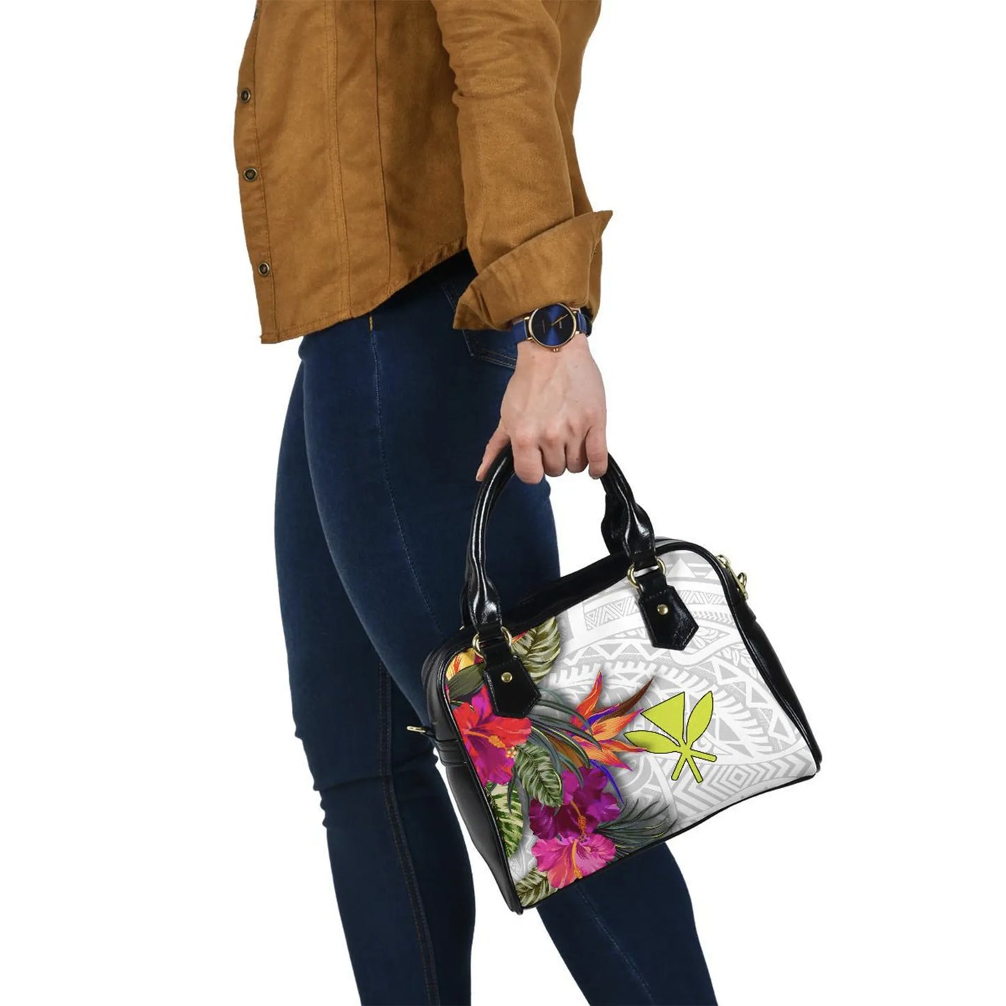 Hawaii Shoulder Handbag Polynesian Hibiscus White Pattern