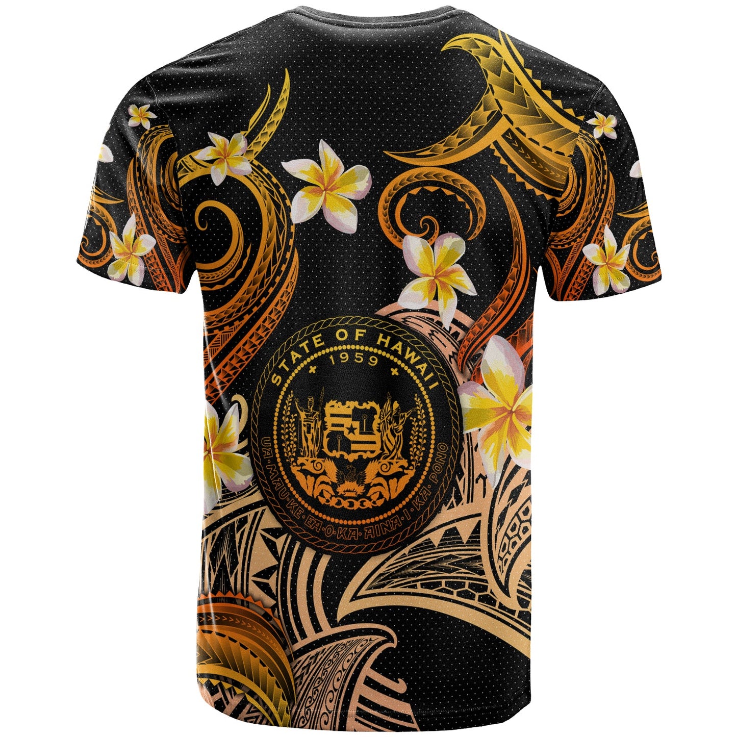 Hawaii T-shirt - Custom Personalised Polynesian Waves with Plumeria Flowers (Orange)