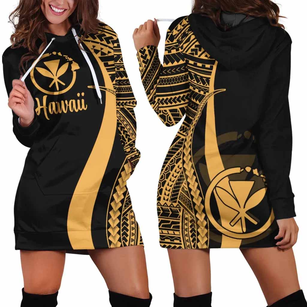 Hawaii Female Hoodie Dress - Gold Polynesian Tentacle Tribal Pattern