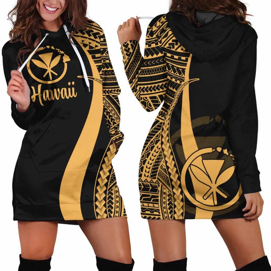 Hawaii Female Hoodie Dress - Gold Polynesian Tentacle Tribal Pattern