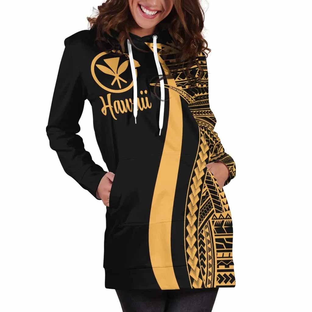Hawaii Female Hoodie Dress - Gold Polynesian Tentacle Tribal Pattern