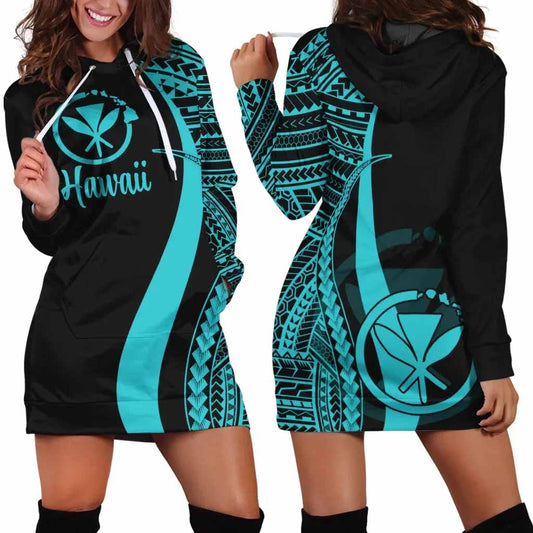 Hawaii Female Hoodie Dress - Turquoise Polynesian Tentacle Tribal Pattern