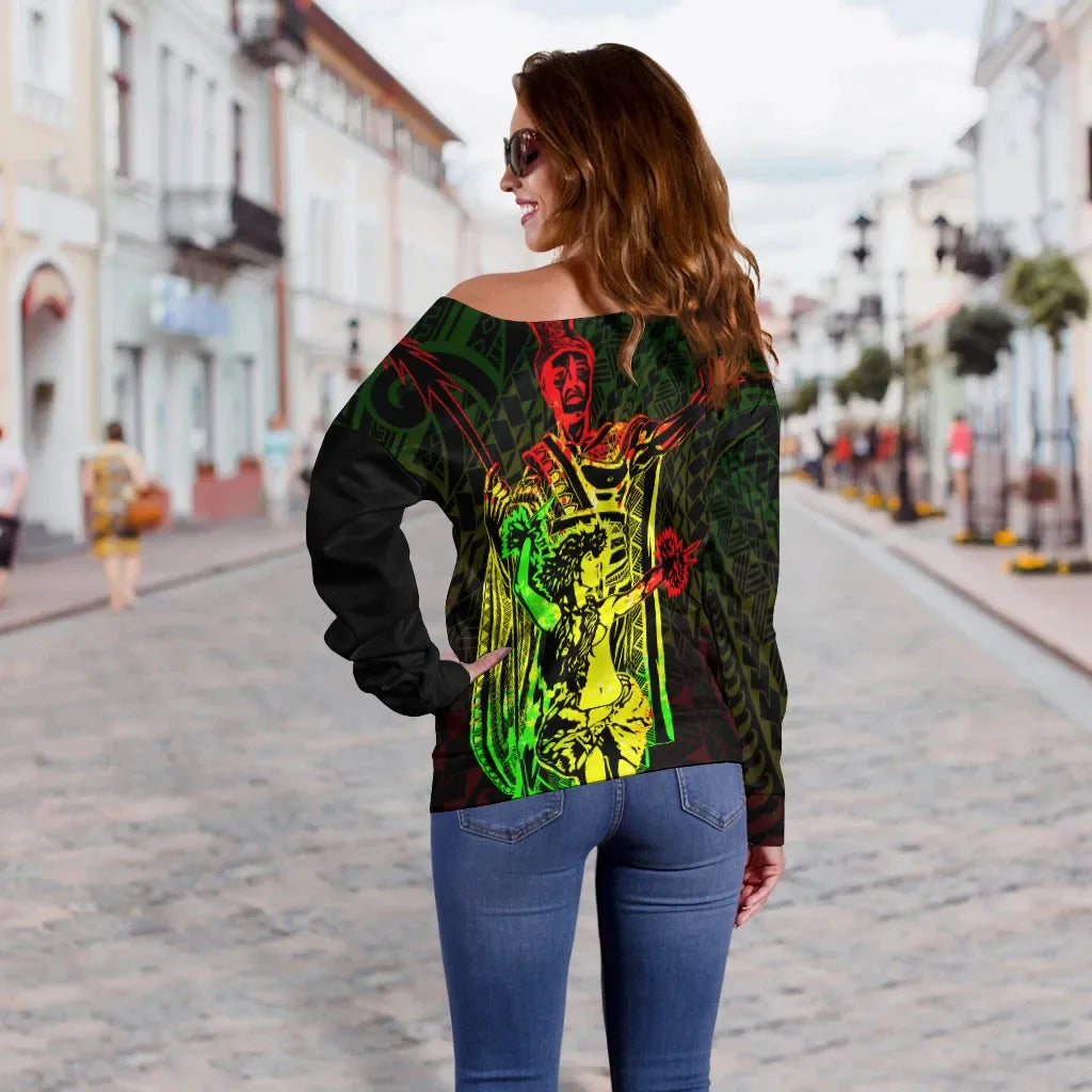 Hawaii Women Off Shoulder Sweater - King Of Hawaii With Hawaiian Girls Reggae Version