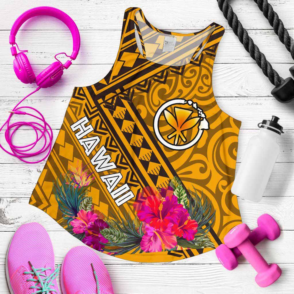 Hawaii Women Racerback Tank - Kanaka Maoli With Hibiscus On Polynesian Patterns (Yellow)