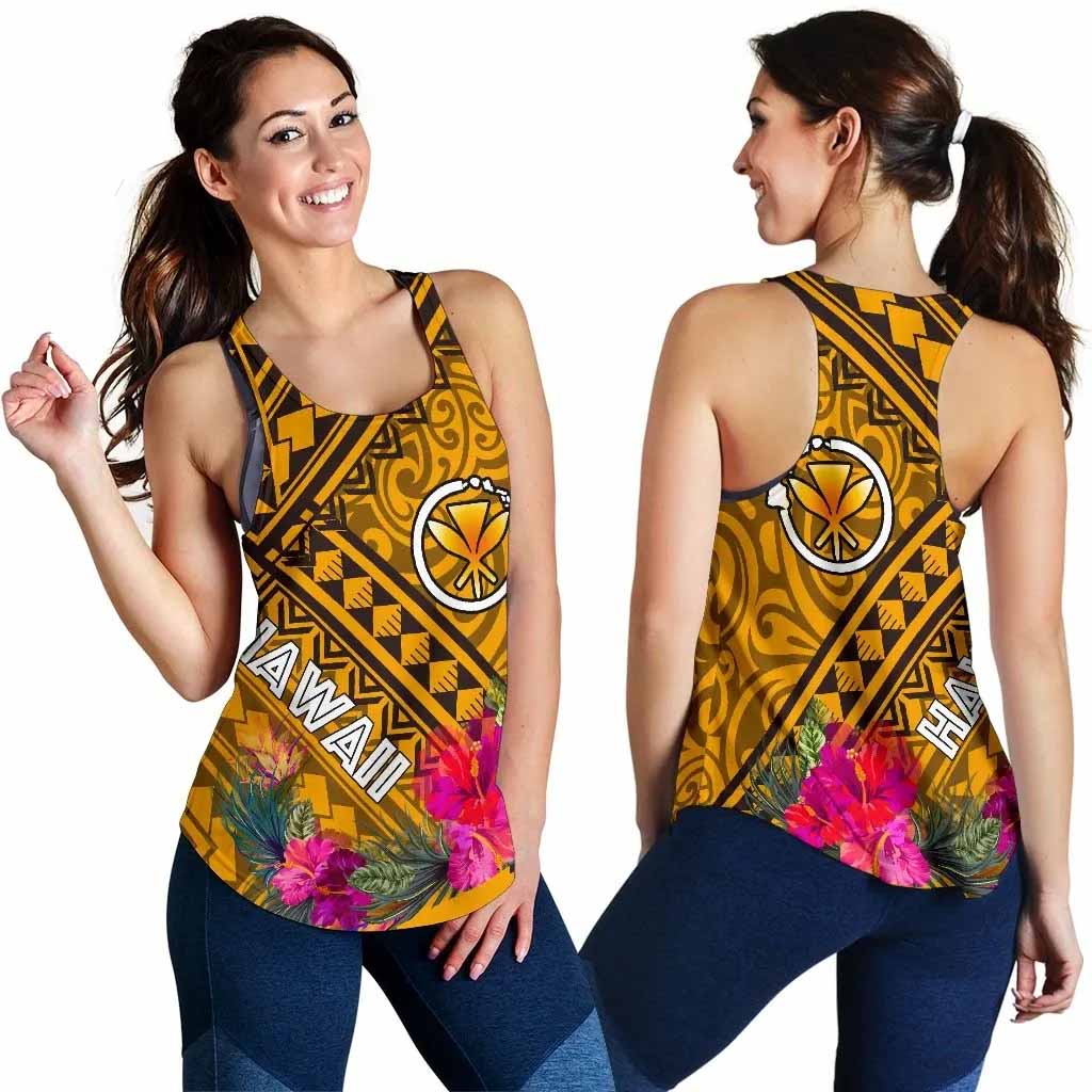 Hawaii Women Racerback Tank - Kanaka Maoli With Hibiscus On Polynesian Patterns (Yellow)