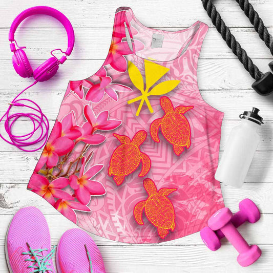 Hawaii Women Racerback Tank - Polynesian Pink Plumeria Turtle
