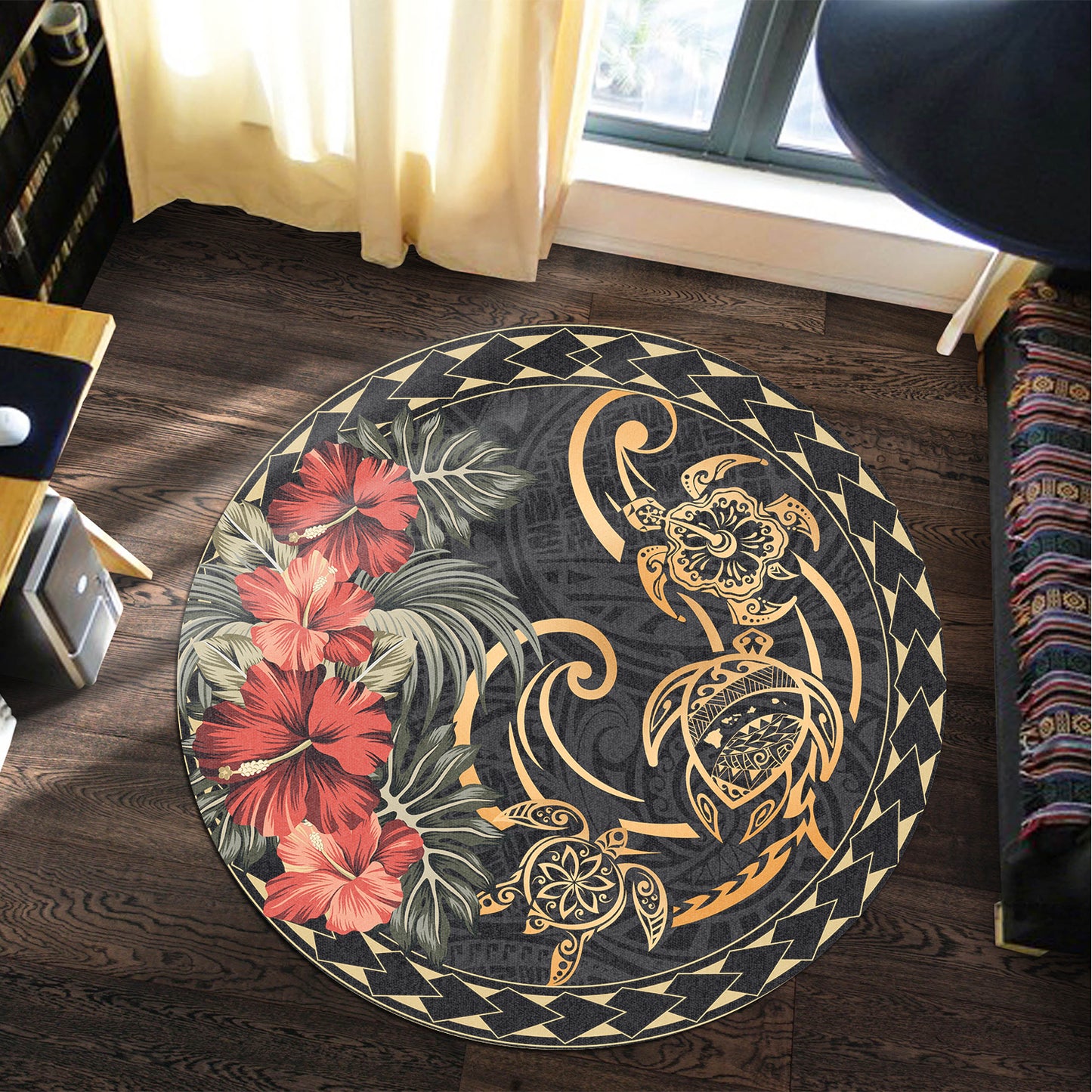 Hawaii Round Rugs Map Turtle Hibiscus
