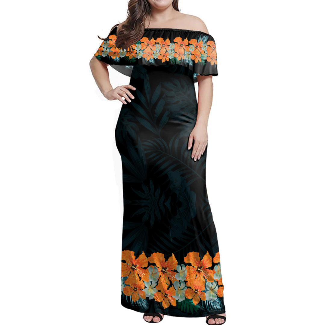 Hawaii Woman Off Shoulder Long Dress Tropical Leaf Fabric