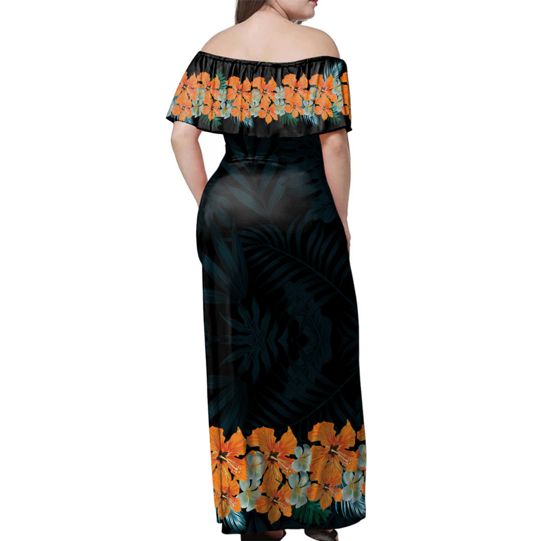 Hawaii Woman Off Shoulder Long Dress Tropical Leaf Fabric