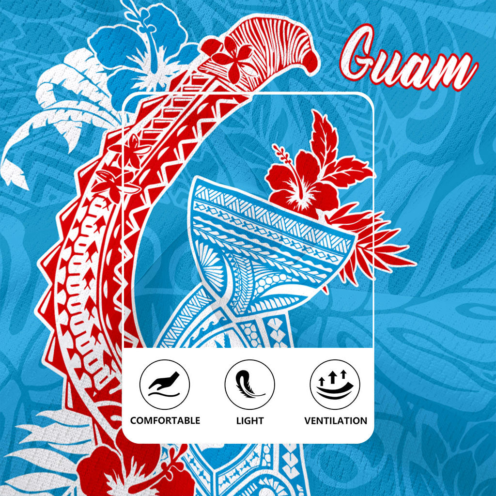 Guam Rugby Jersey Hook With Latte Stone Hibiscus Tropical Blue