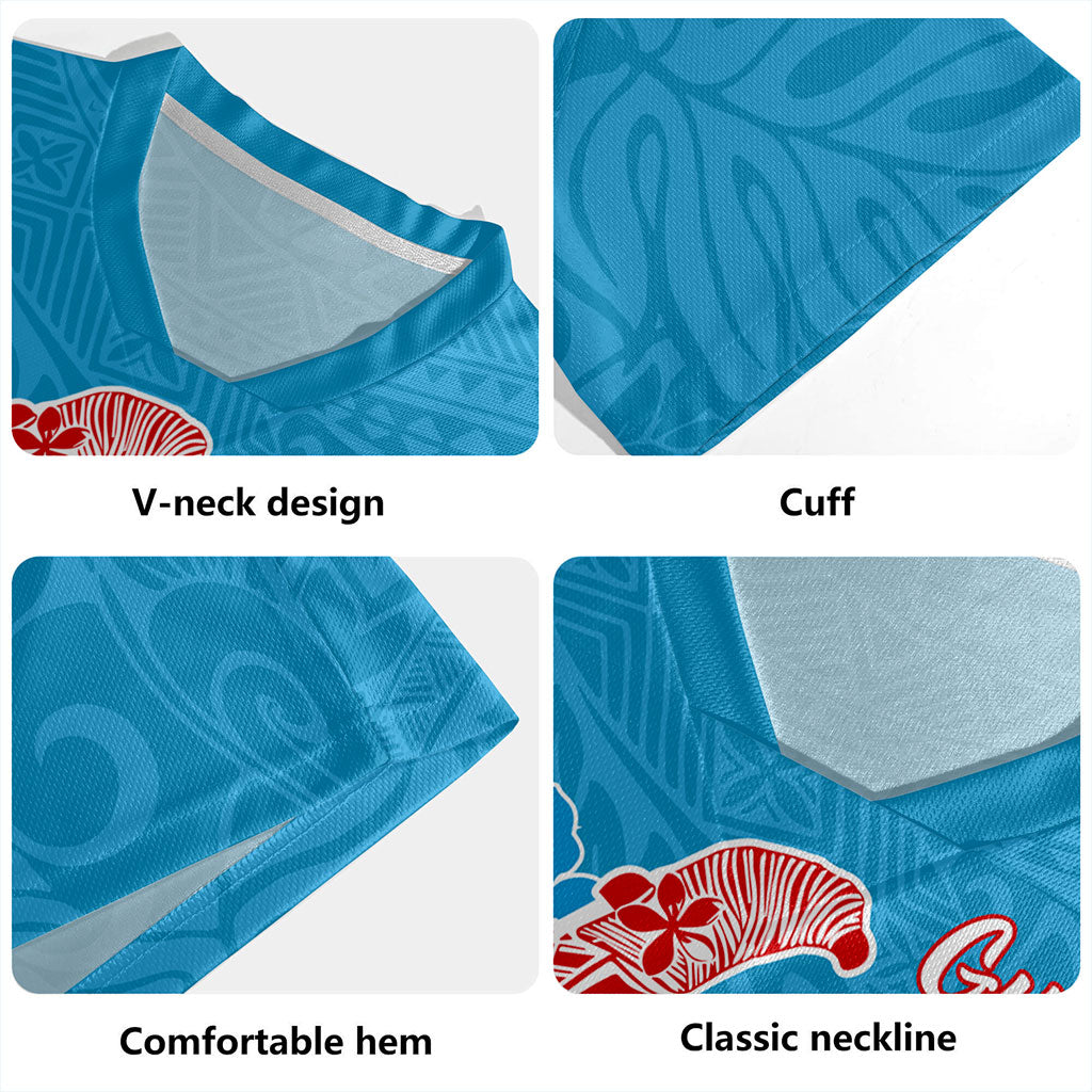 Guam Rugby Jersey Hook With Latte Stone Hibiscus Tropical Blue