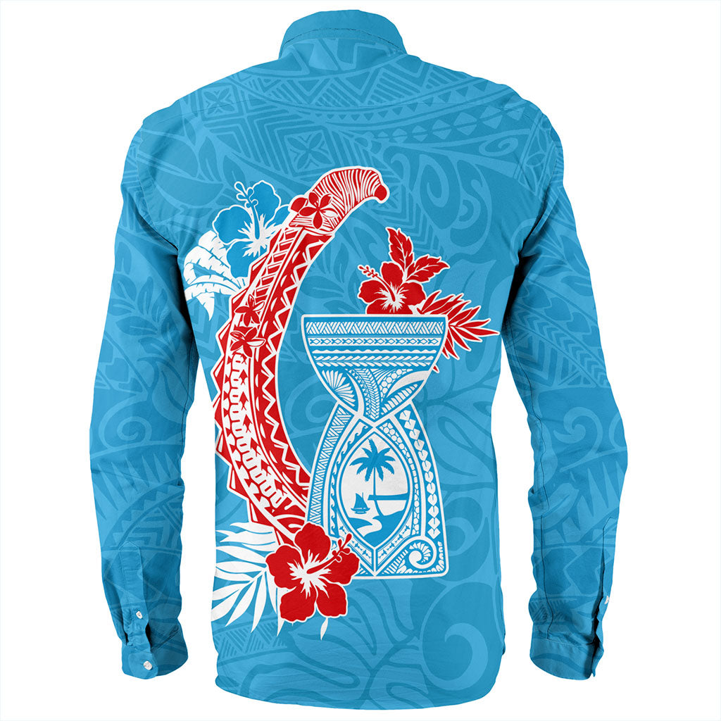 Guam Long Sleeve Shirt Hook With Latte Stone Hibiscus Tropical Blue