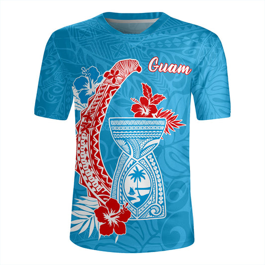 Guam Rugby Jersey Hook With Latte Stone Hibiscus Tropical Blue