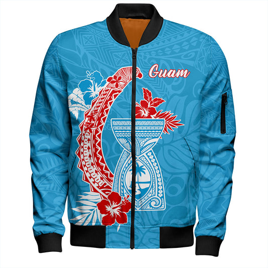 Guam Bomber Jacket Hook With Latte Stone Hibiscus Tropical Blue