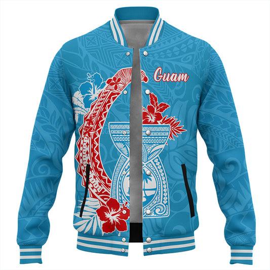 Guam Baseball Jacket Hook With Latte Stone Hibiscus Tropical Blue