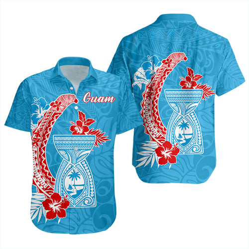 Guam Short Sleeve Shirt Hook With Latte Stone Hibiscus Tropical Blue
