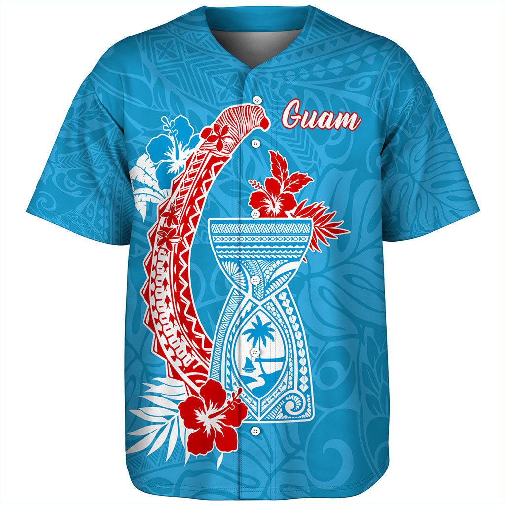 Guam Baseball Shirt Hook With Latte Stone Hibiscus Tropical Blue