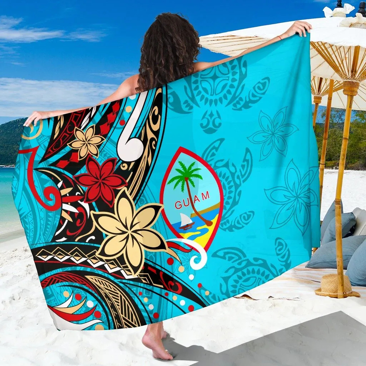 Guam Sarong - Tribal Flower With Special Turtles Blue Color