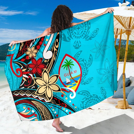 Guam Sarong - Tribal Flower With Special Turtles Blue Color