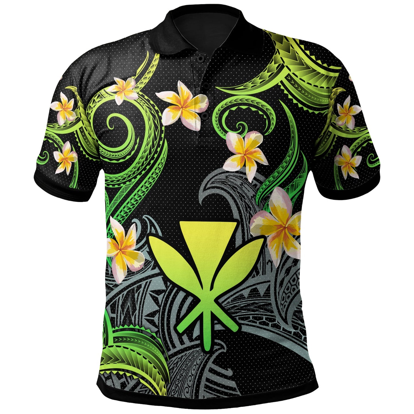 Kanaka Maoli Polo Shirt - Custom Personalised Polynesian Waves with Plumeria Flowers (Green)