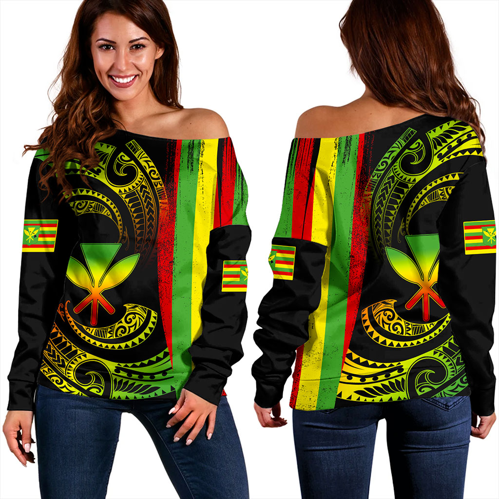 Hawaii Off Shoulder Sweatshirt Kanaka Maoli Tribal Wave Grunge Flag