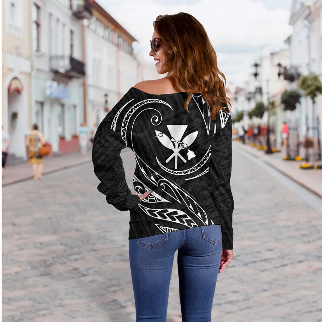 Hawaii Off Shoulder Sweatshirt Custom Kanaka Map Polynesian Tribal Wave