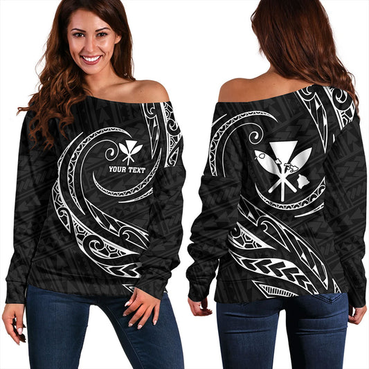 Hawaii Off Shoulder Sweatshirt Custom Kanaka Map Polynesian Tribal Wave