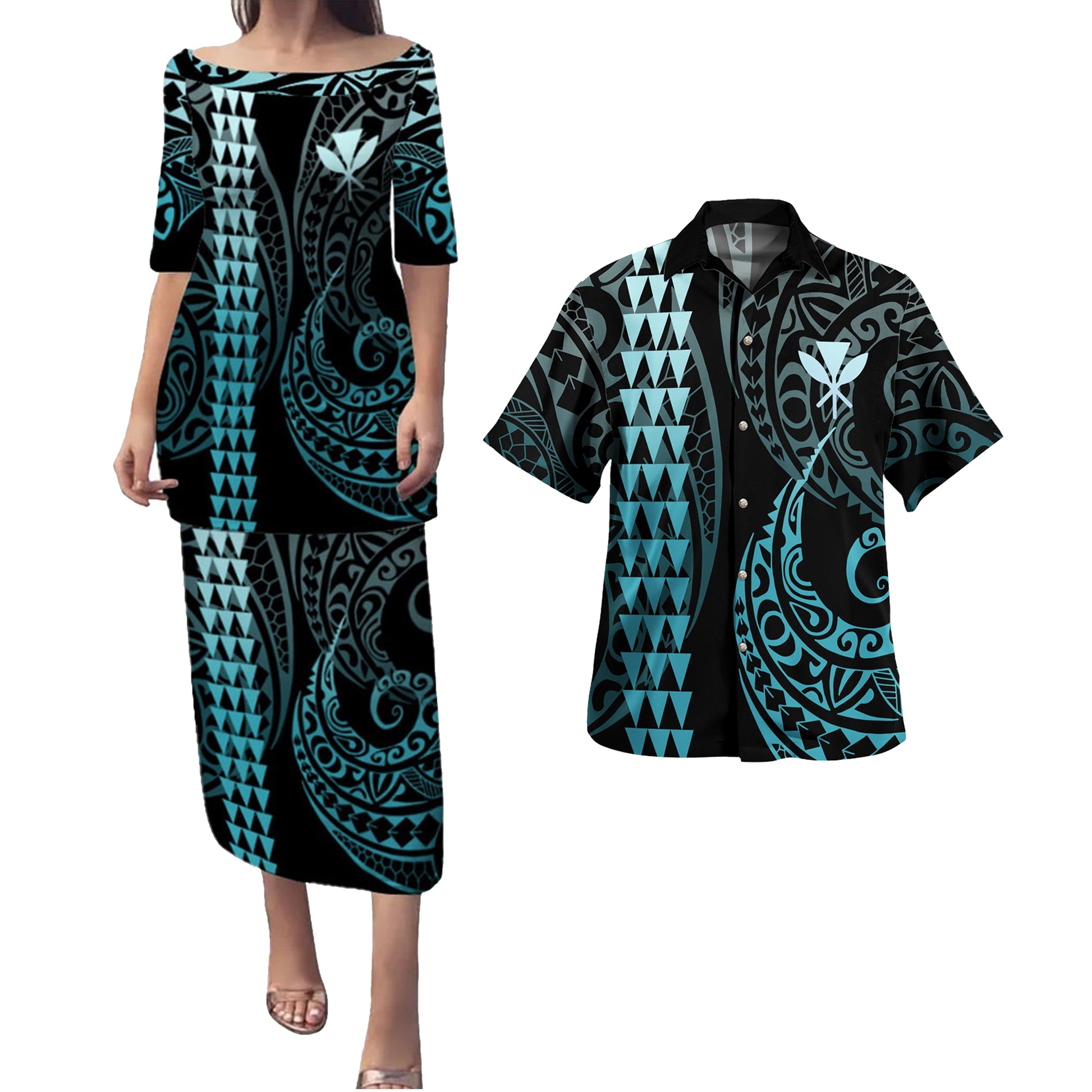 Hawaii Combo Puletasi And Shirt Kanaka  Kakau Style Turquoise