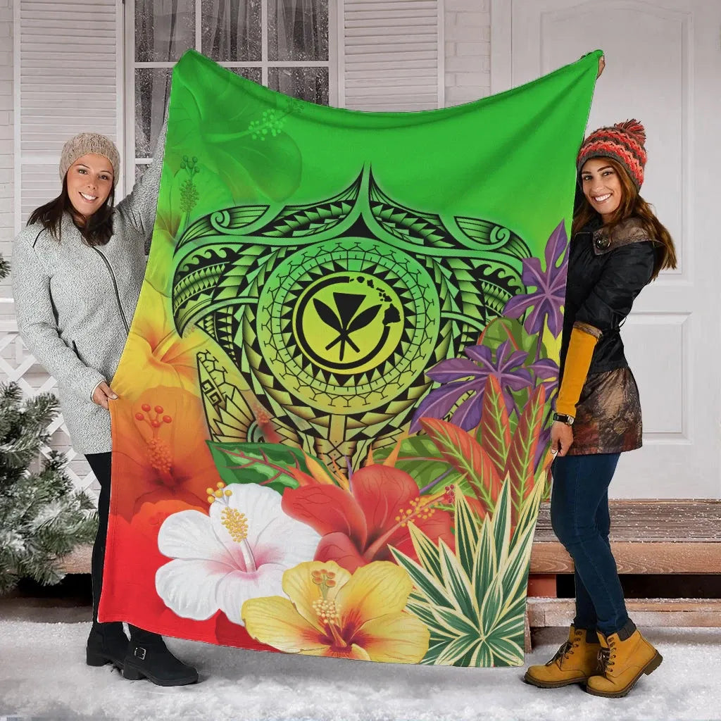 Hawaii Premium Blanket - Kanaka Maoli Manta Ray Tropical Flowers (Green)