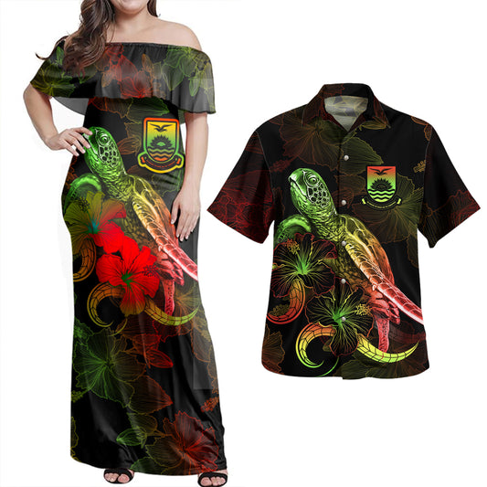 Kiribati Combo Dress And Shirt - Sea Turtle With Blooming Hibiscus Flowers Reggae