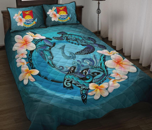 Kiribati Polynesian Quilt Bed Set - Blue Plumeria Animal Tattoo