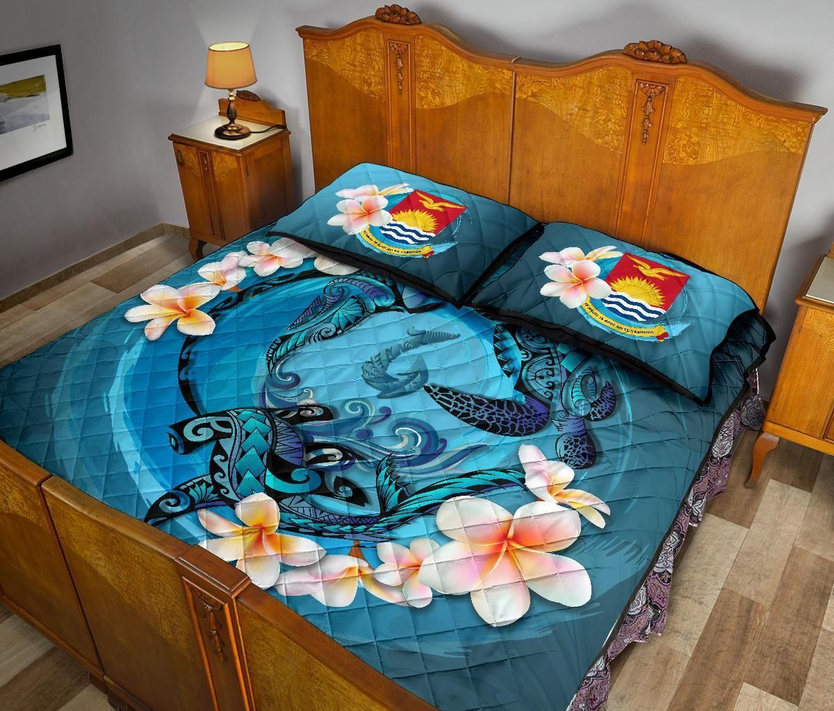Kiribati Polynesian Quilt Bed Set - Blue Plumeria Animal Tattoo