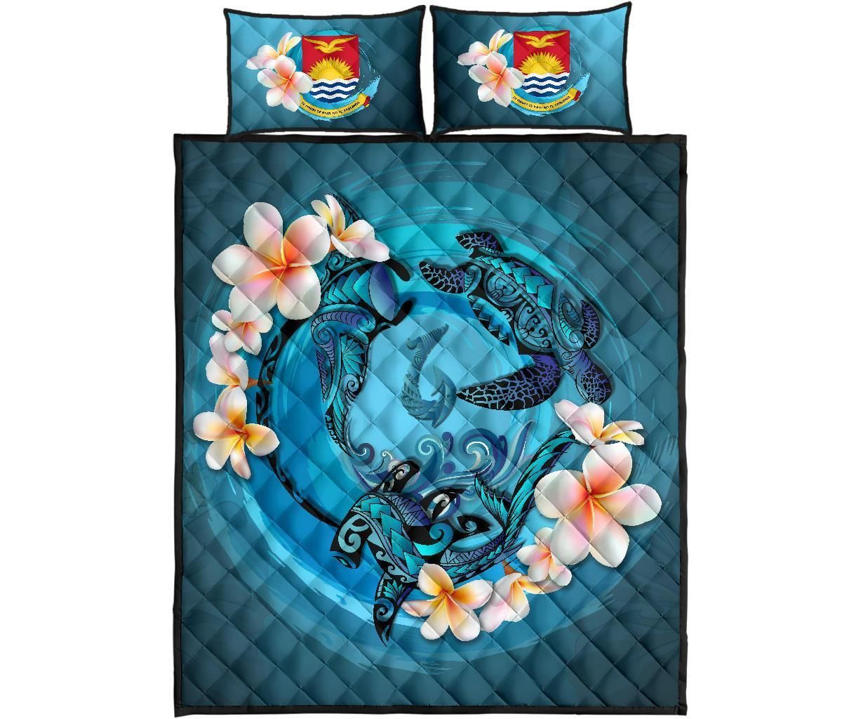 Kiribati Polynesian Quilt Bed Set - Blue Plumeria Animal Tattoo