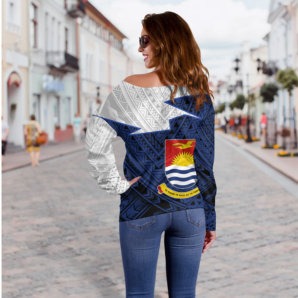 Kiribati Off Shoulder Sweatshirt Polynesian Tattoo Flag And Coat Of Arms