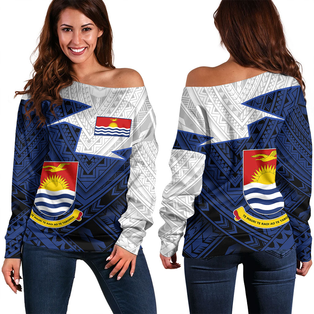 Kiribati Off Shoulder Sweatshirt Polynesian Tattoo Flag And Coat Of Arms
