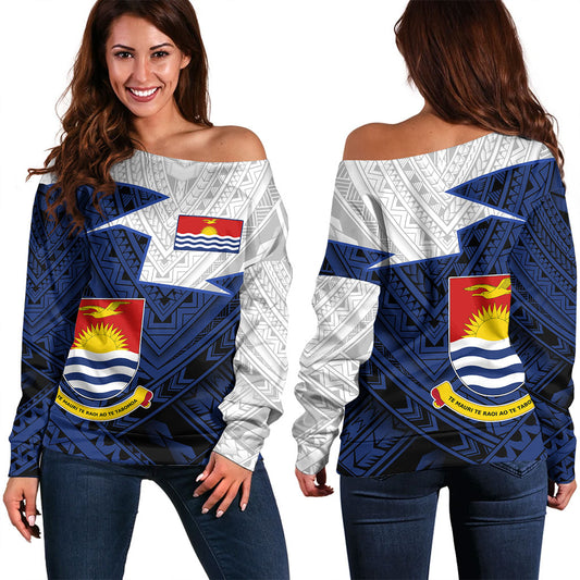 Kiribati Off Shoulder Sweatshirt Polynesian Tattoo Flag And Coat Of Arms