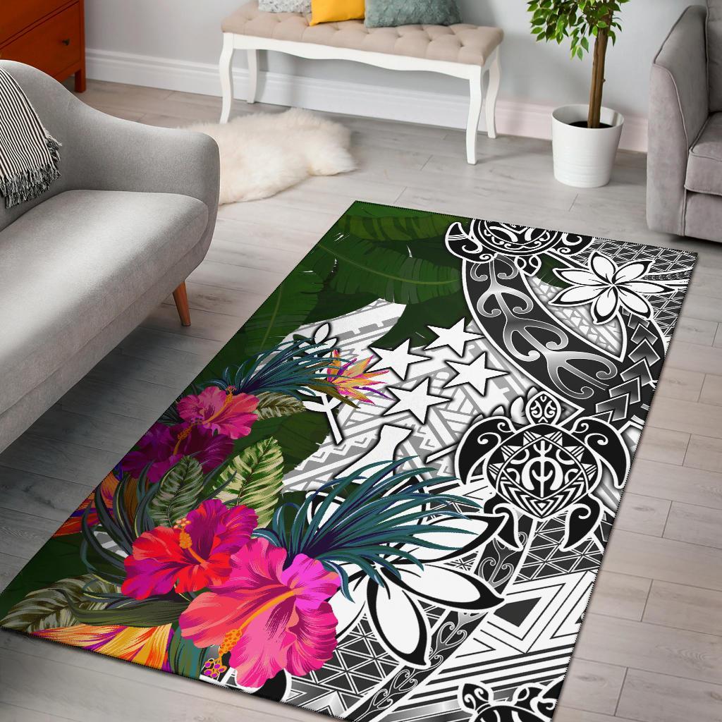 Kosrae Area Rug White - Turtle Plumeria Banana Leaf
