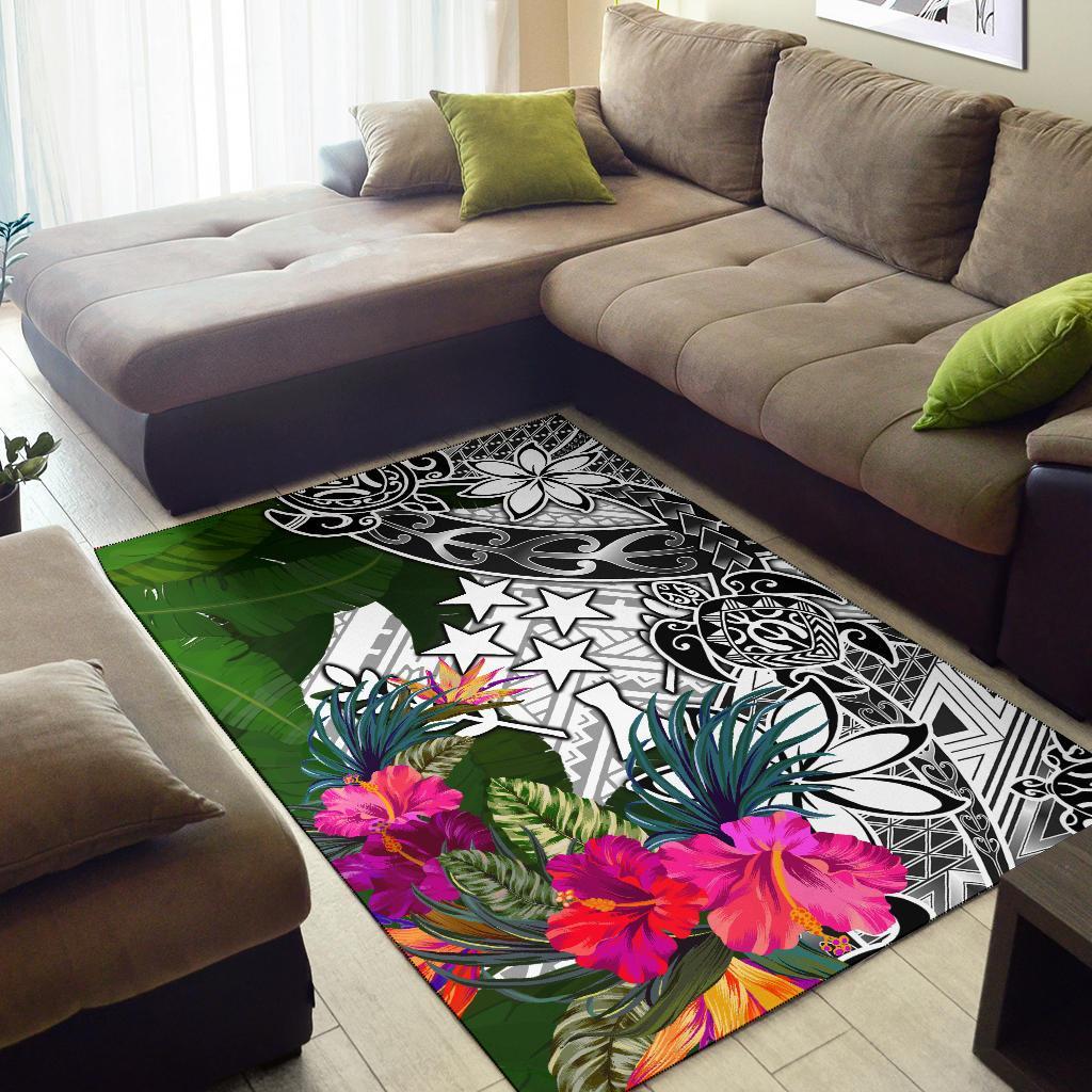 Kosrae Area Rug White - Turtle Plumeria Banana Leaf